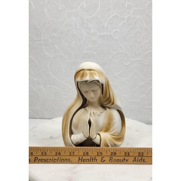 Vintage Praying Lady Head Planter, 7.5" Brown & White Ceramic Mother Virgin Vase - Picture 15 of 16